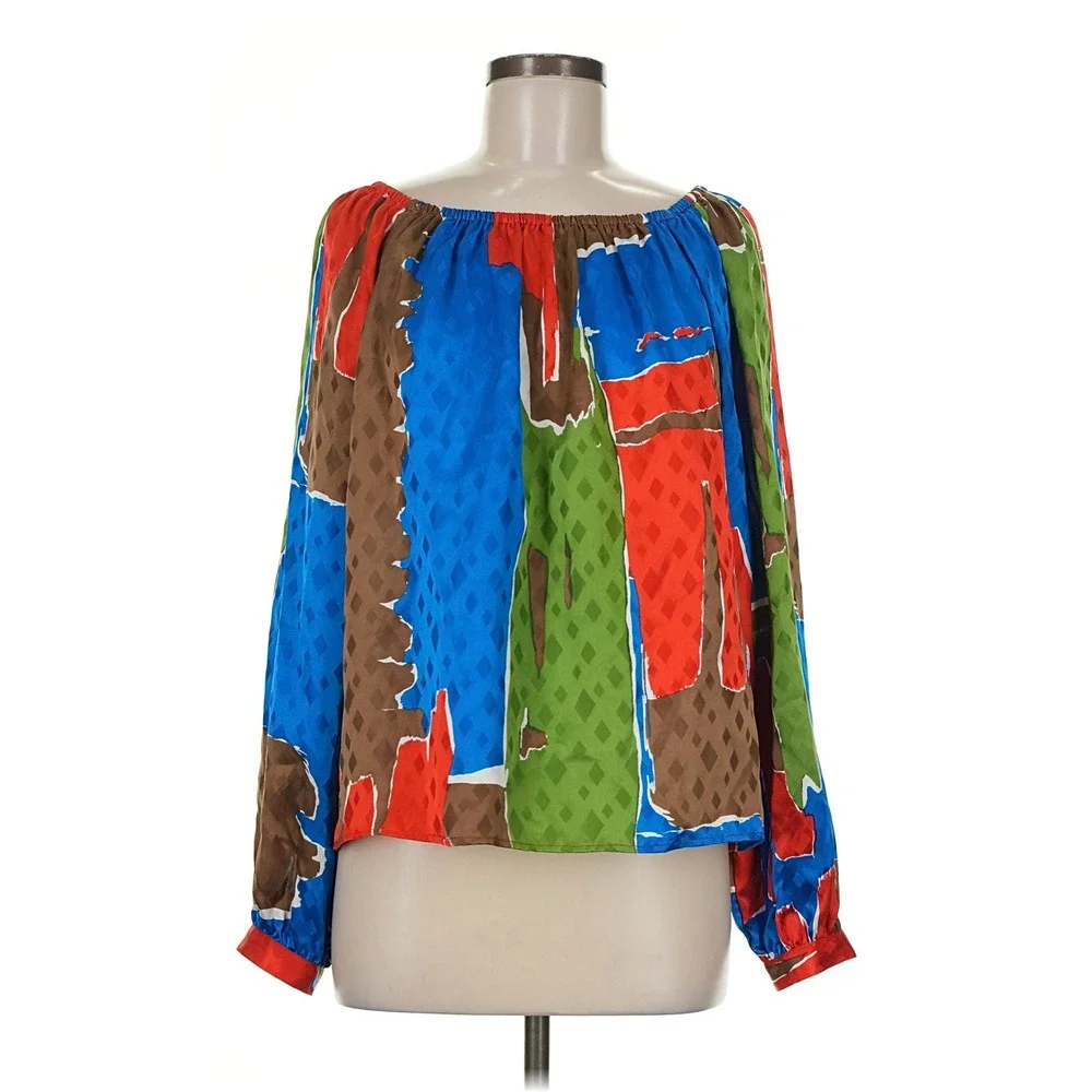 Tory Burch Blouse Women 8 Multicolor Abstract Silk Jacquard Off Shoulder 73951